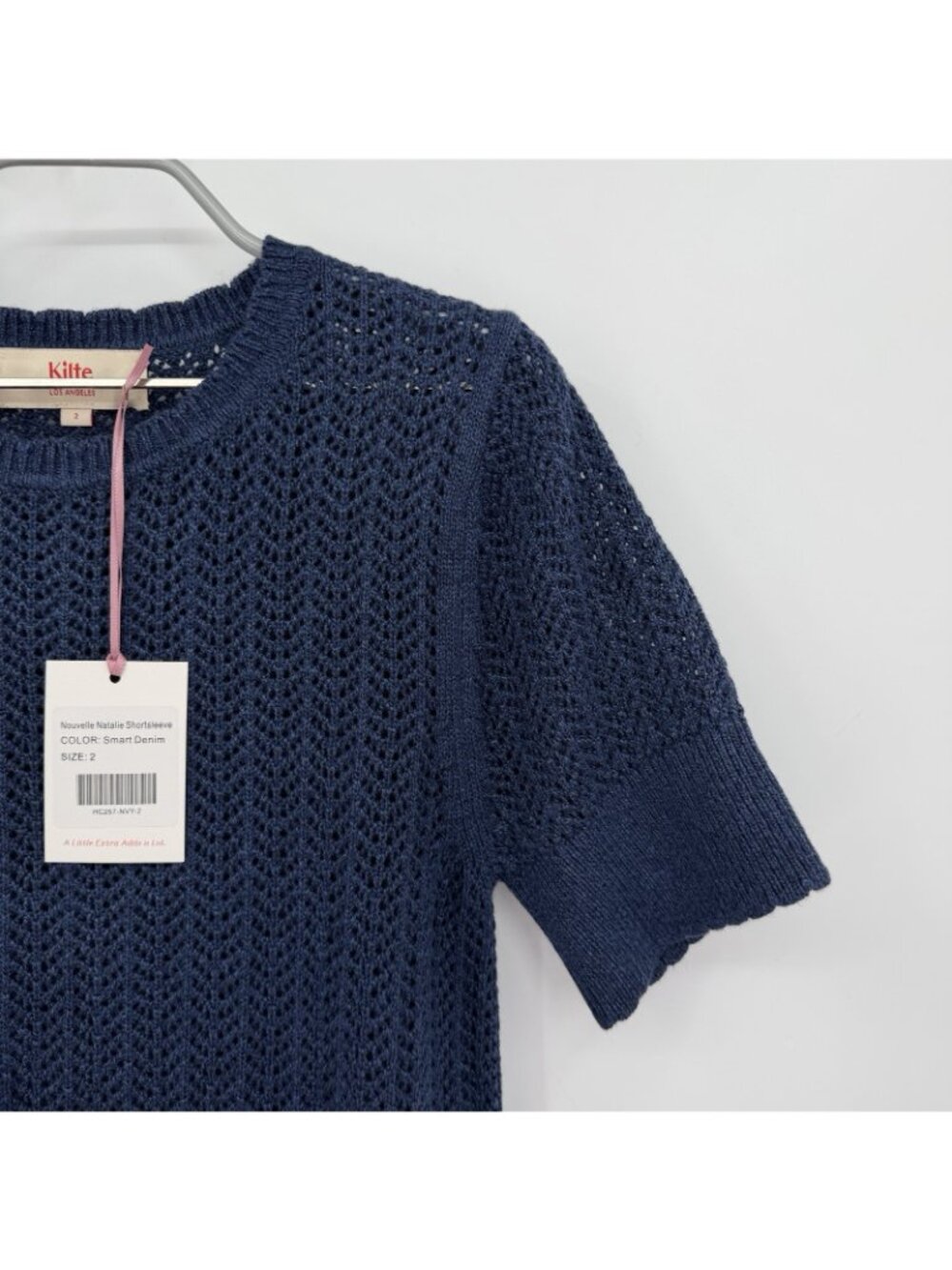 Kilte Collection Nicci Tee in Navy Crochet Knit Cotton-Cashmere 2/M $215 - Picture 2 of 9